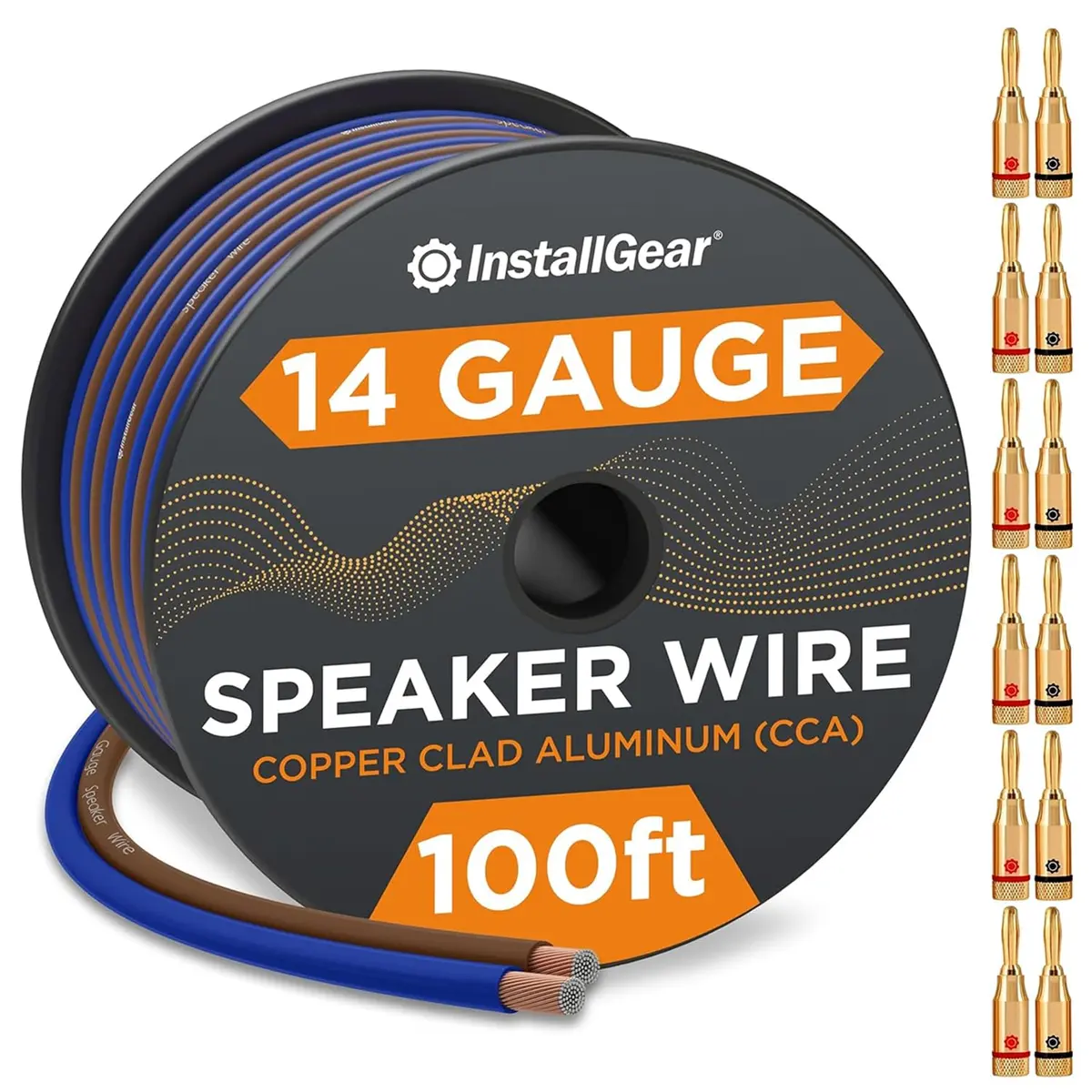 InstallGear 100ft 14 Gauge Speaker Wire with 12 Banana Plugs | Copper Clad Aluminum for Clear Sound - main product image