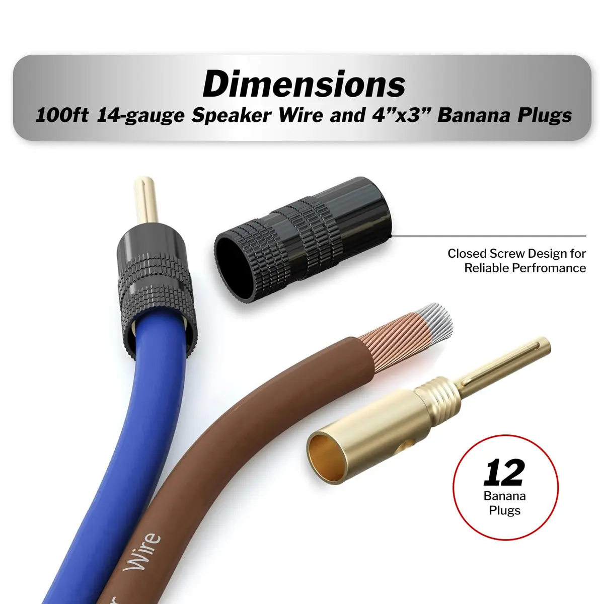 InstallGear 100ft 14 Gauge Speaker Wire with 12 Banana Plugs | Copper Clad Aluminum for Clear Sound - view 3