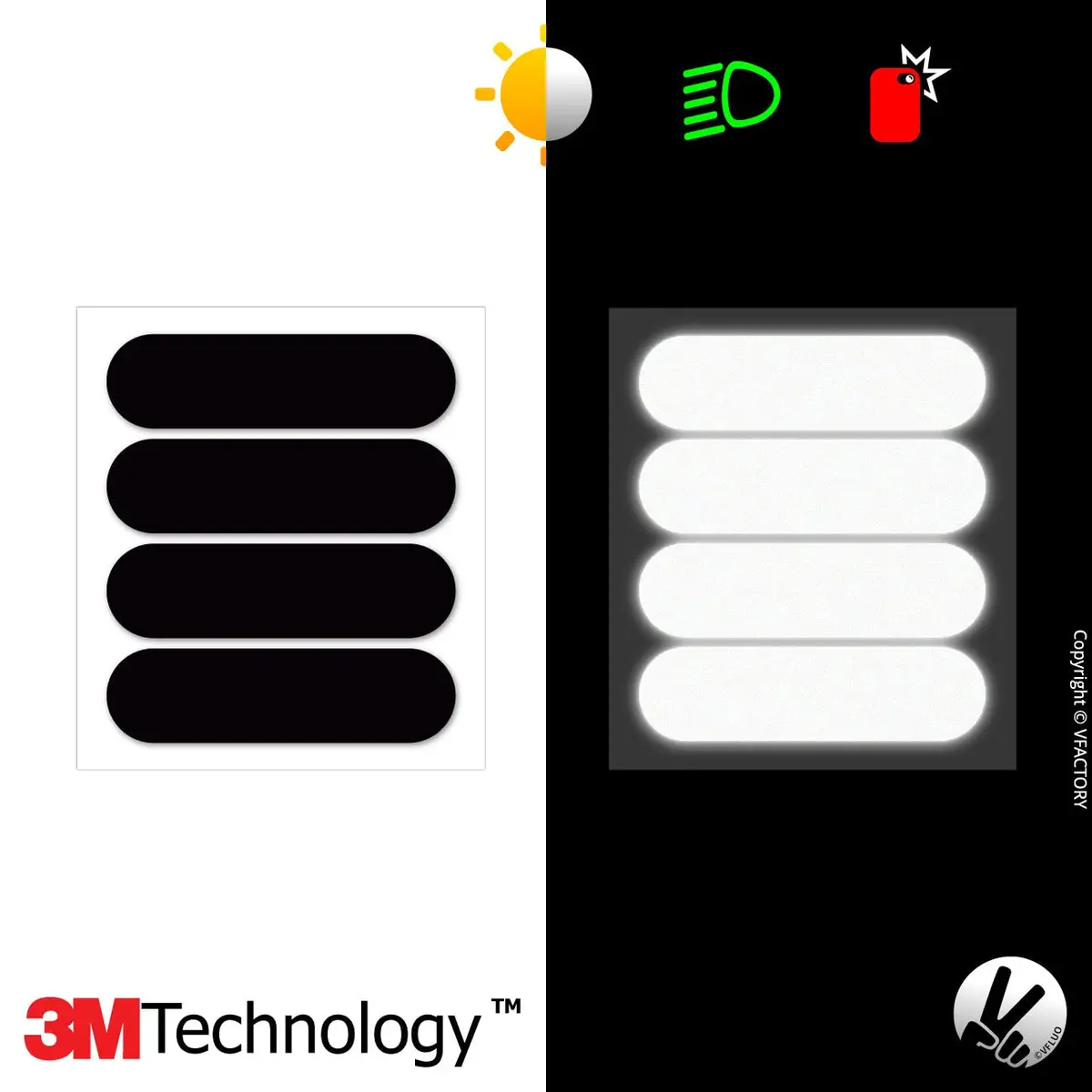 VFLUO Retro Reflective Helmet Stripes Kit - Black - Set of 4 | High Visibility 3M Technology - view 3