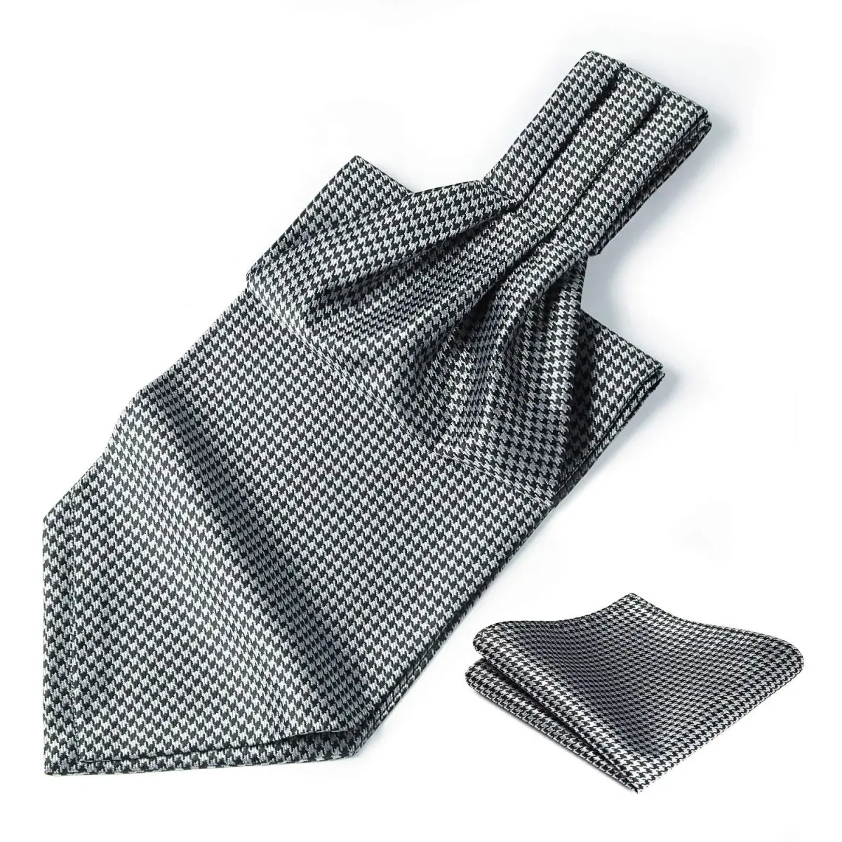 HISDERN Black White Checkered Ascot Tie and Pocket Square Set | 126cm (49.6") x 15.5cm (6.1") - view 5