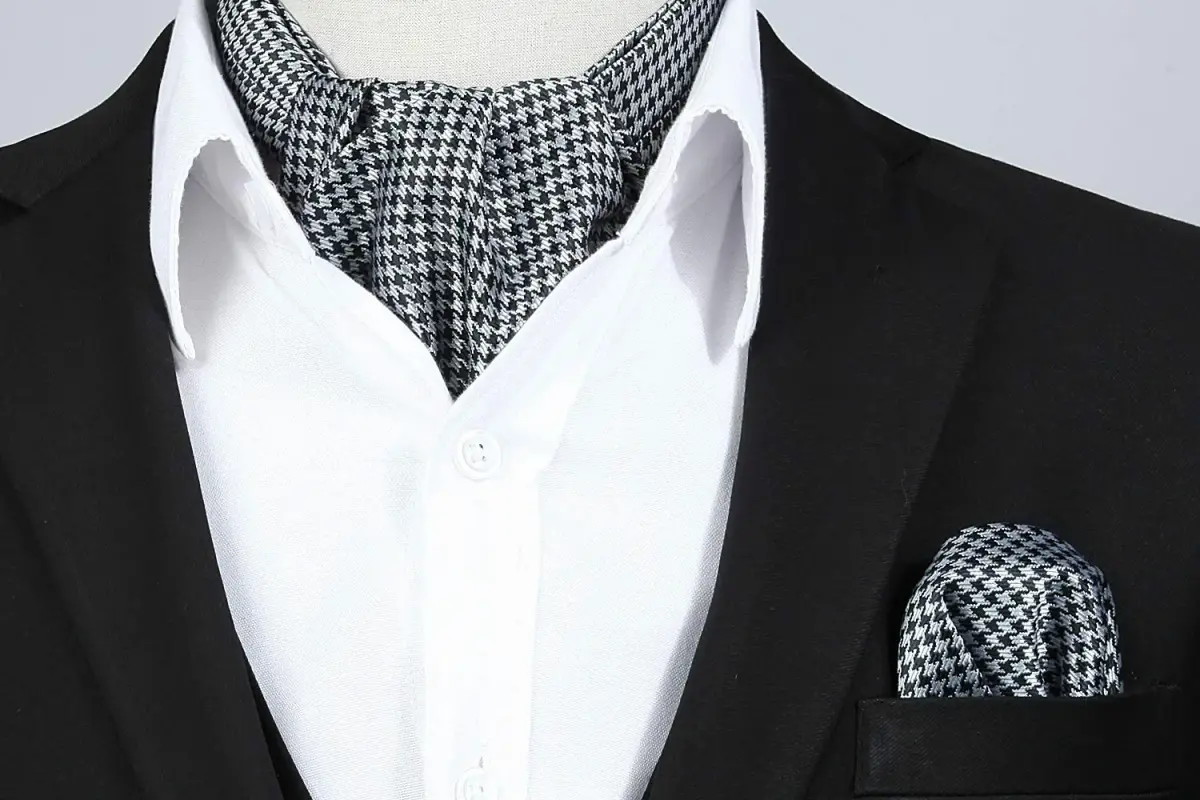 HISDERN Black White Checkered Ascot Tie and Pocket Square Set | 126cm (49.6") x 15.5cm (6.1") - view 2