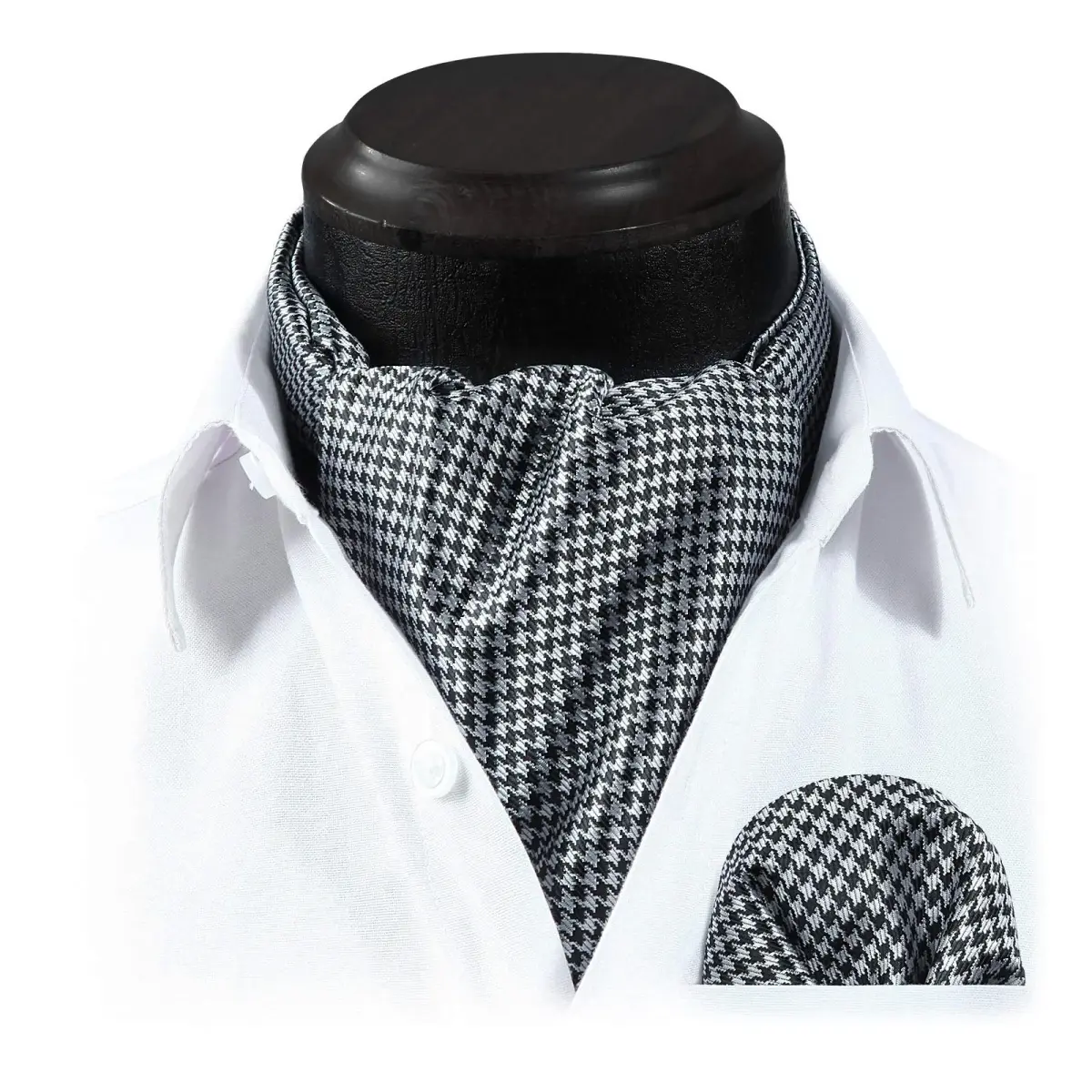 HISDERN Black White Checkered Ascot Tie and Pocket Square Set | 126cm (49.6") x 15.5cm (6.1") - view 4