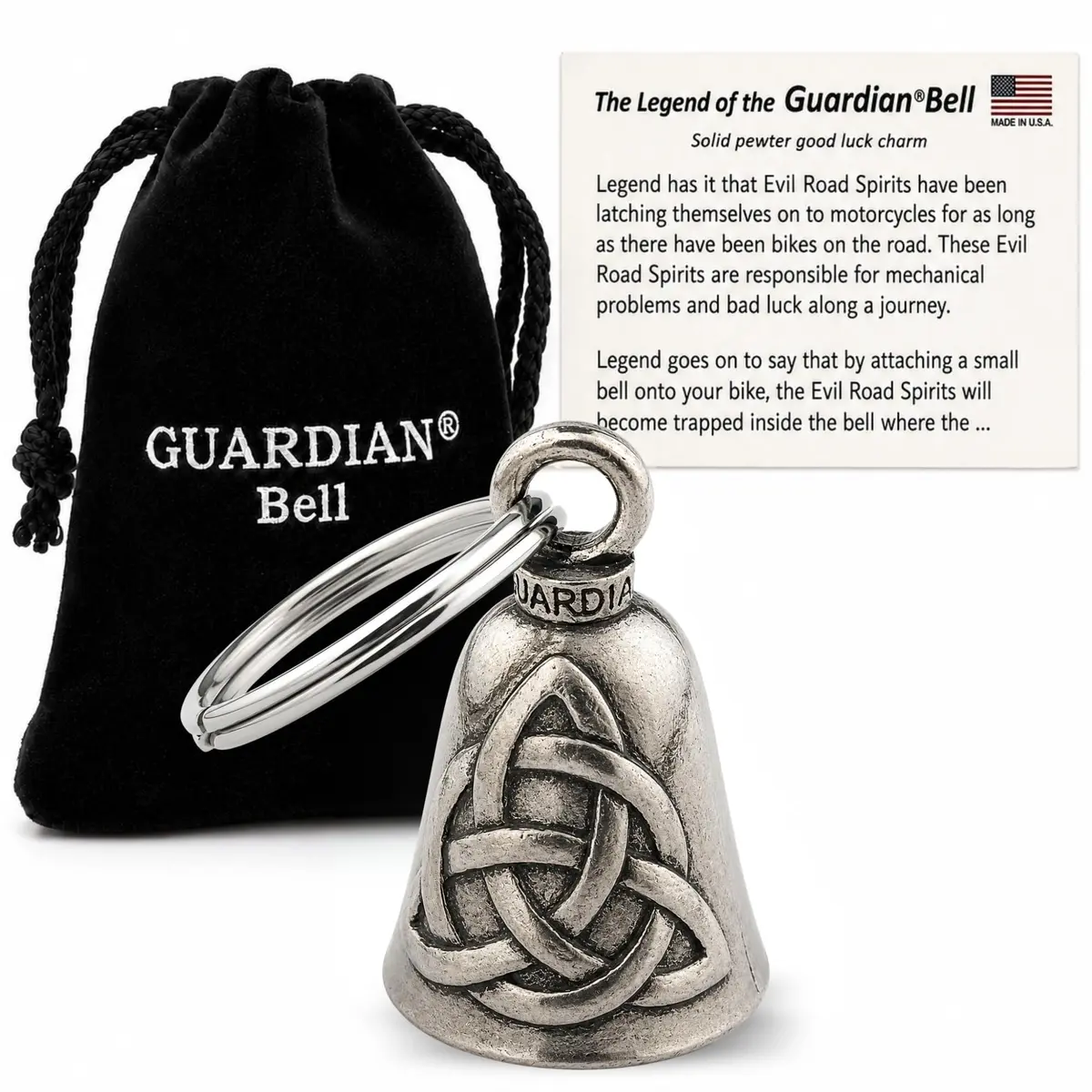 Guardian Bell Trinity Knot Triquetra Good Luck Bell w/Keyring & Black Velvet Gift Bag | Motorcycle Bell | Lead-Free Pewter | Made in USA - main product image