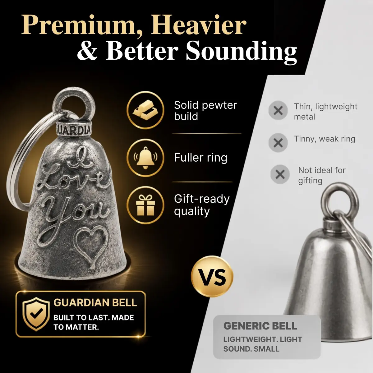 Guardian Bell Trinity Knot Triquetra Good Luck Bell w/Keyring & Black Velvet Gift Bag | Motorcycle Bell | Lead-Free Pewter | Made in USA - view 5