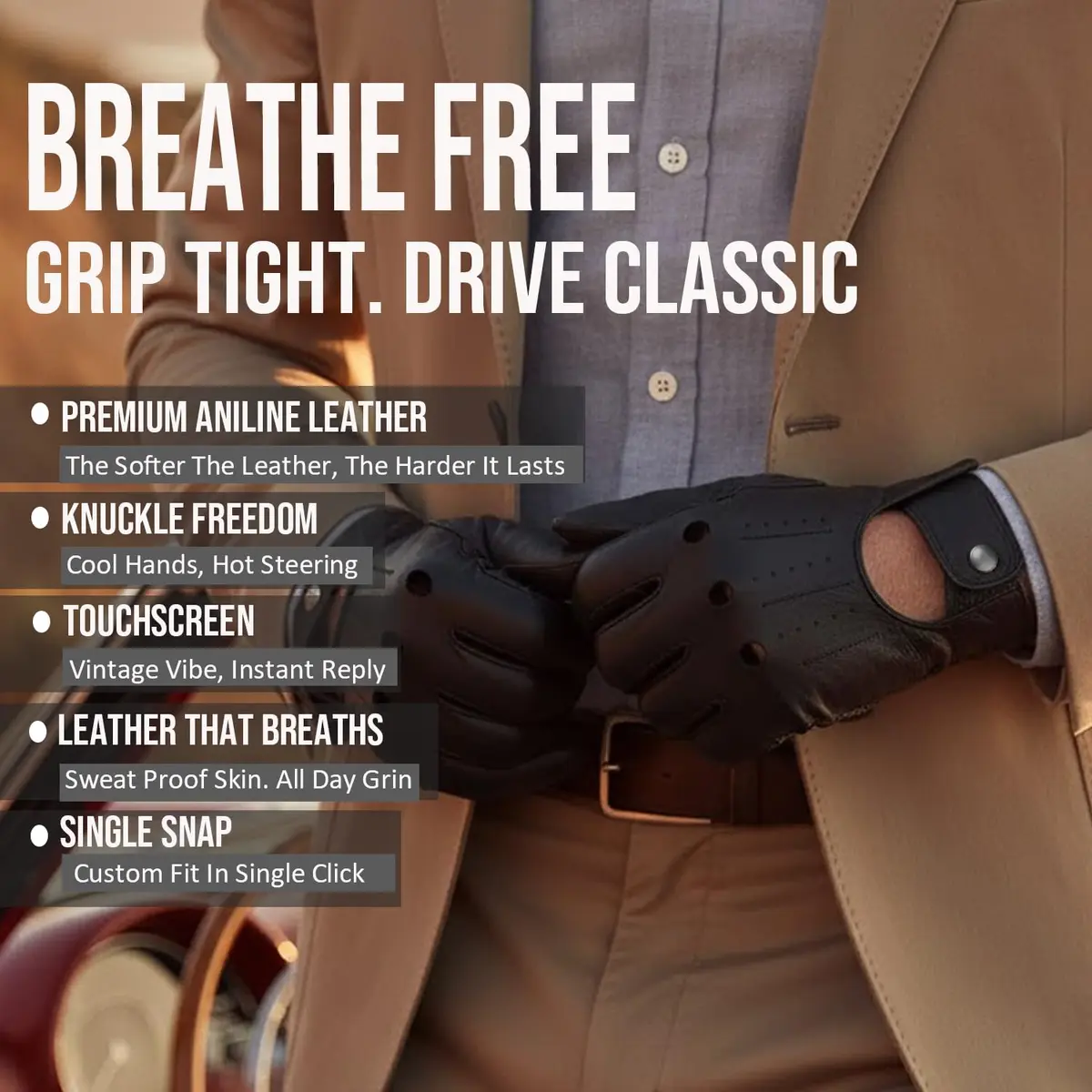 Jackets 4 Bikes Mens Transporter Genuine Lambskin Leather Driving Gloves, Riding Black XXL | Unlined Ventilated Touchscreen Gloves - view 3