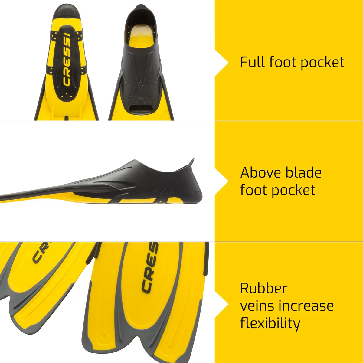 Cressi Agua Full Foot Pocket Fins, Yellow, EU 35/36 | Lightweight Snorkeling Fins with Self-Adjusting Fit - view 6