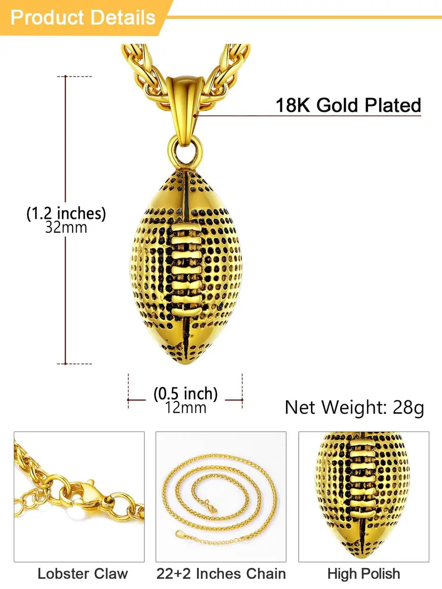 U7 Gold Rugby Ball Necklace for Men Soccer Pendant Chain Sport Charm Necklaces Stainless Steel Trendy Sport Fan Necklaces - view 4