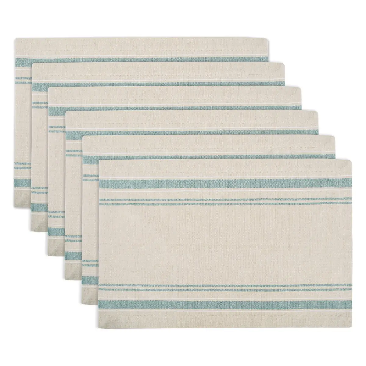 DII French Stripe Farmhouse Style Placemat Set 13x19 Inches Taupe/Teal | Set of 6 Cotton Placemats - main product image