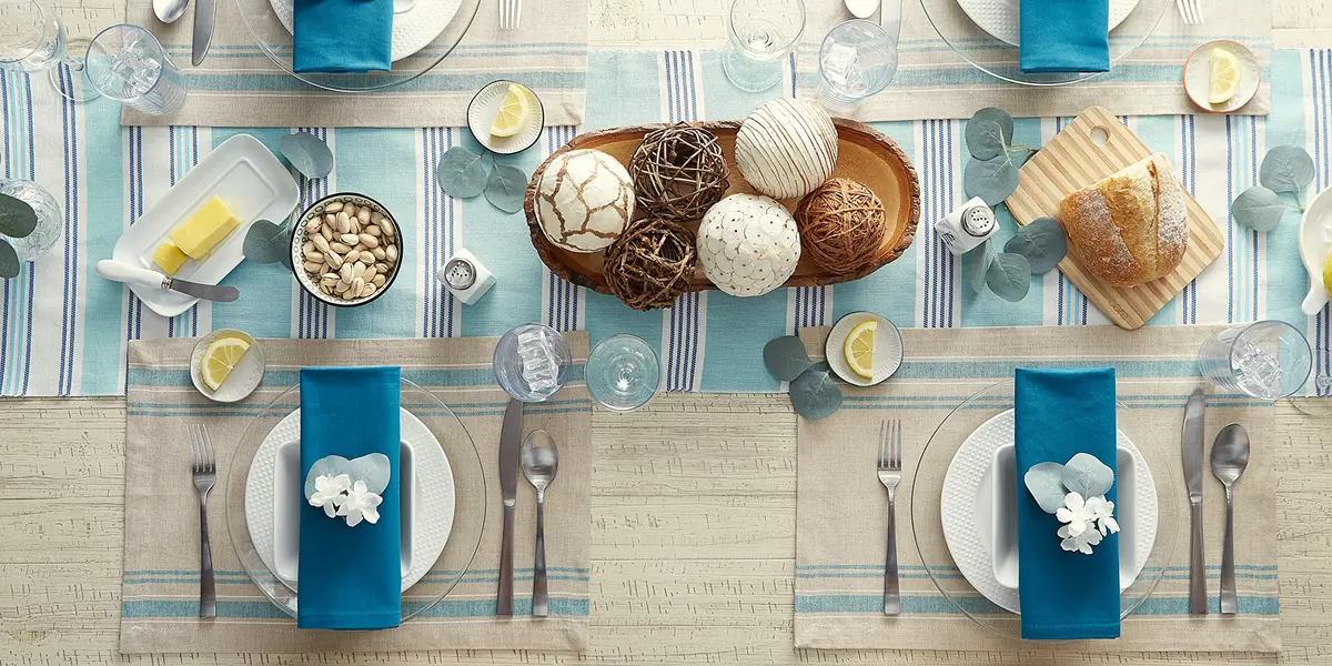 DII French Stripe Farmhouse Style Placemat Set 13x19 Inches Taupe/Teal | Set of 6 Cotton Placemats - view 6