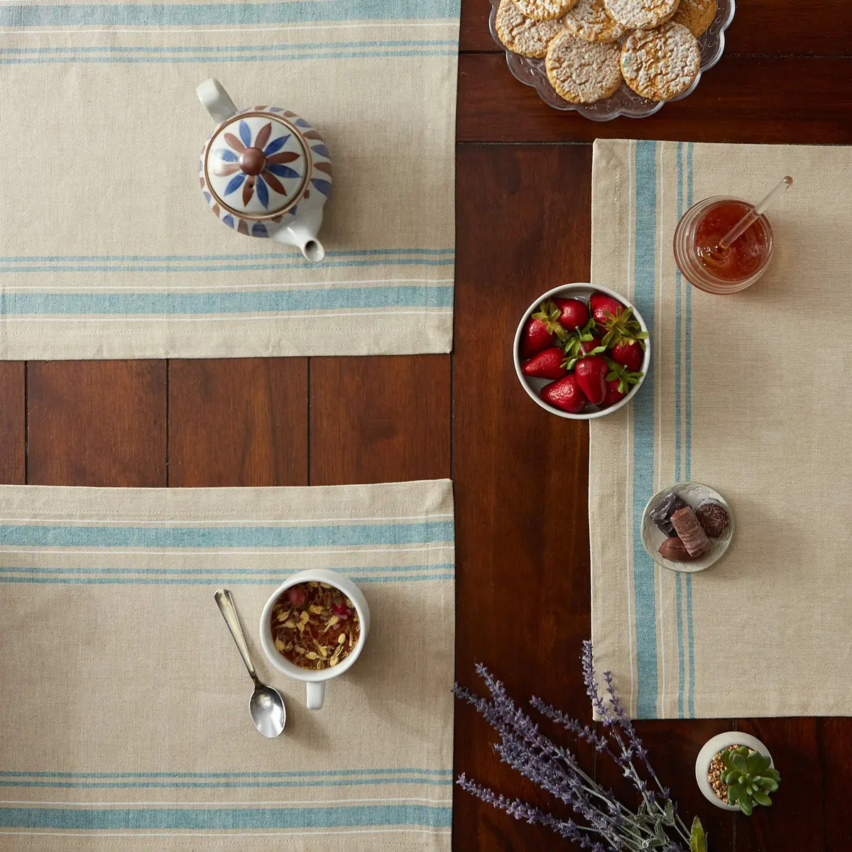 DII French Stripe Farmhouse Style Placemat Set 13x19 Inches Taupe/Teal | Set of 6 Cotton Placemats - view 3