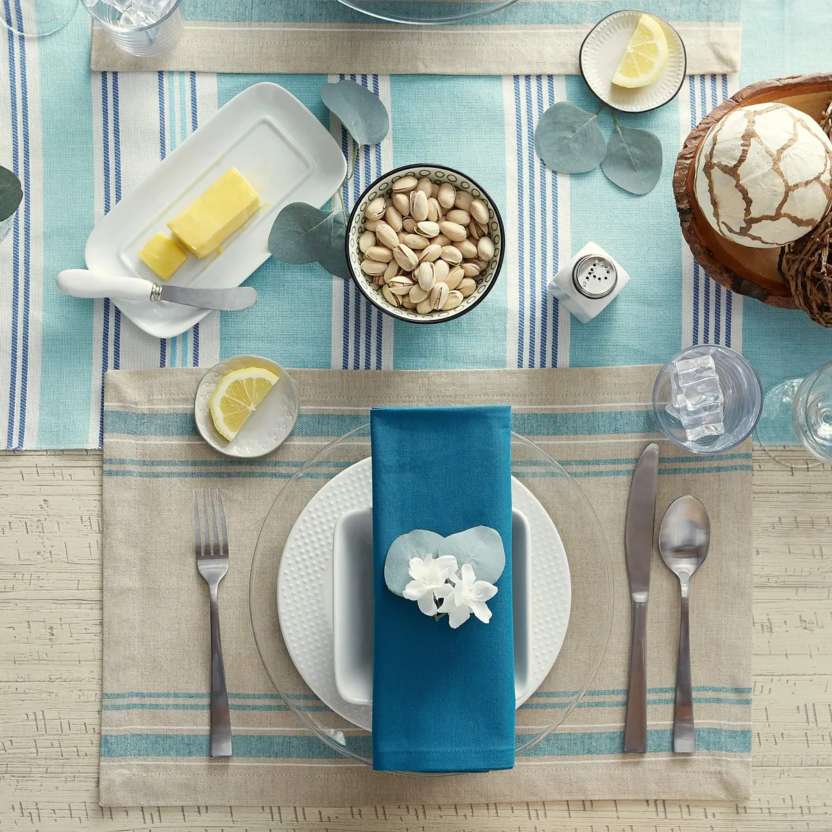 DII French Stripe Farmhouse Style Placemat Set 13x19 Inches Taupe/Teal | Set of 6 Cotton Placemats - view 4
