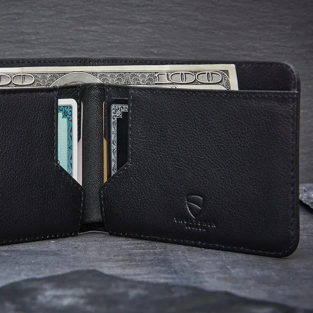 Vaultskin Manhattan Slim Leather Bifold RFID Wallet for Men (Black) | Minimalist Design, Italian Leather, Front Pocket Friendly - view 5