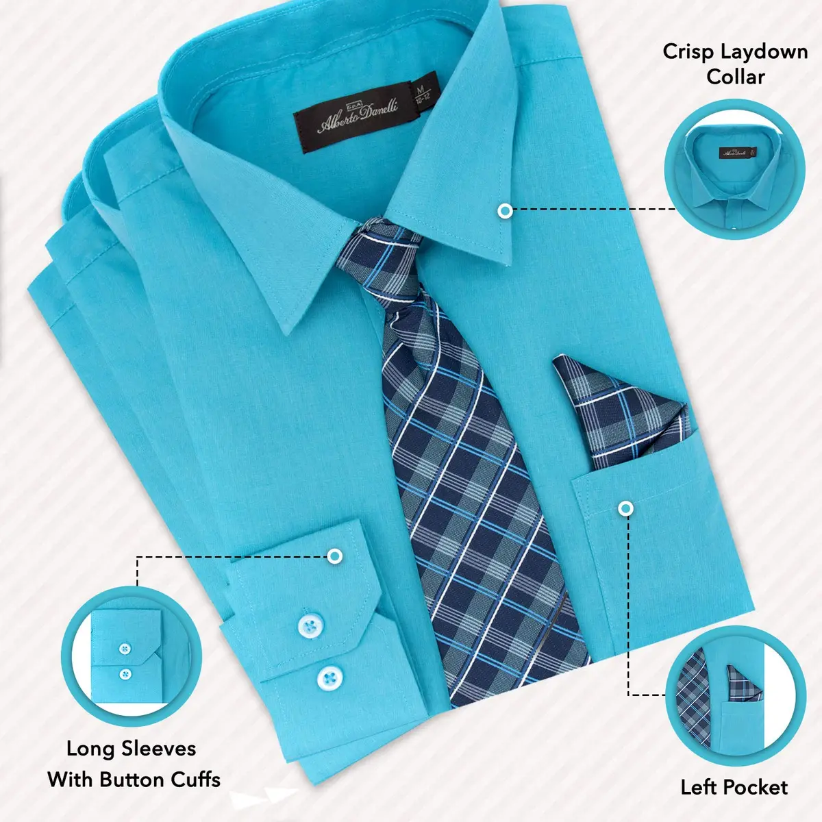 Alberto Danelli Boys Long Sleeve Dress Shirt with Matching Tie and Handkerchief, 5, Tropicana | Classic Style & Comfort - view 3