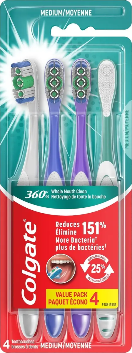 Colgate Deep Clean 4-in-1 Bacteria Removal Toothbrushes, Medium, 4 Pack | Whole-Mouth Deep Clean with Recyclable Packaging - main product image