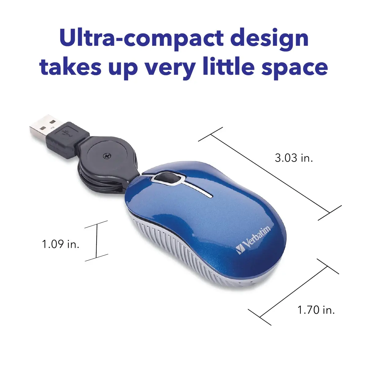 Verbatim Mini Travel Optical Mouse, USB 2.0, Retractable Cable, Blue | Compact, Precise & Portable - view 3