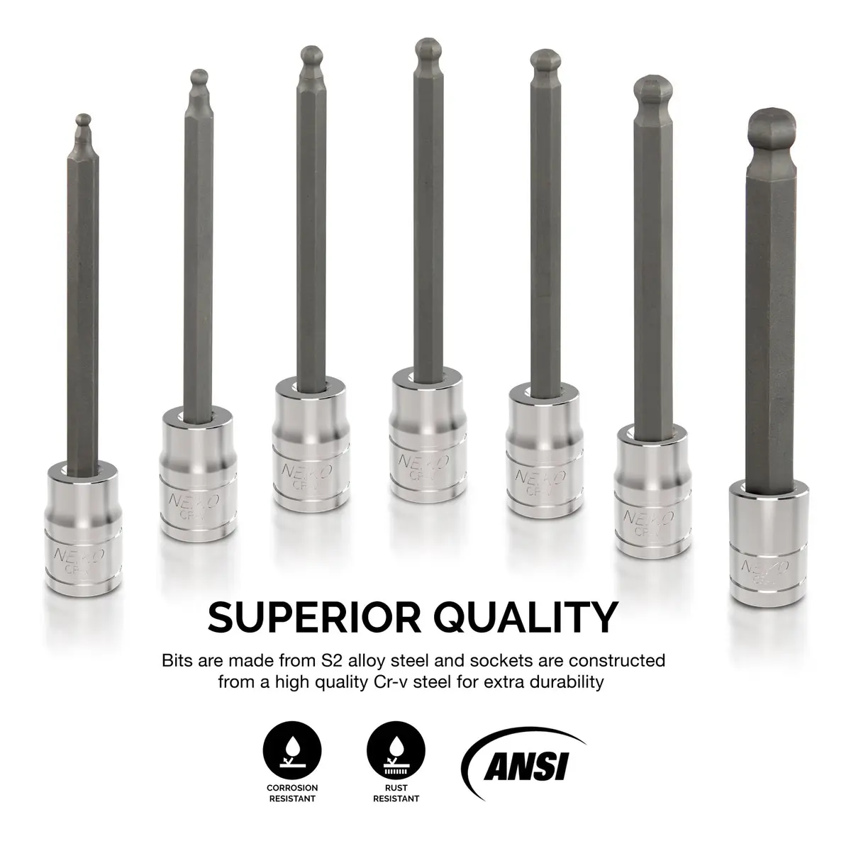 NEIKO Hex-Bit Socket Set 3/8" Drive, Metric, Extra-Long, Ball-End, 7-Piece | Precision Alloy Steel - view 2