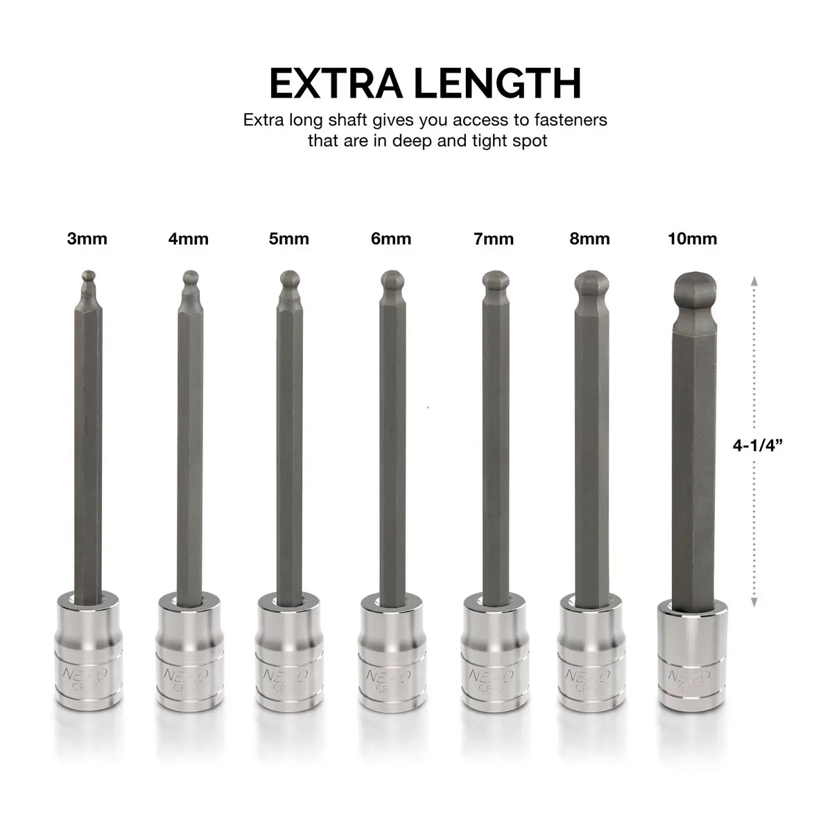 NEIKO Hex-Bit Socket Set 3/8" Drive, Metric, Extra-Long, Ball-End, 7-Piece | Precision Alloy Steel - view 4