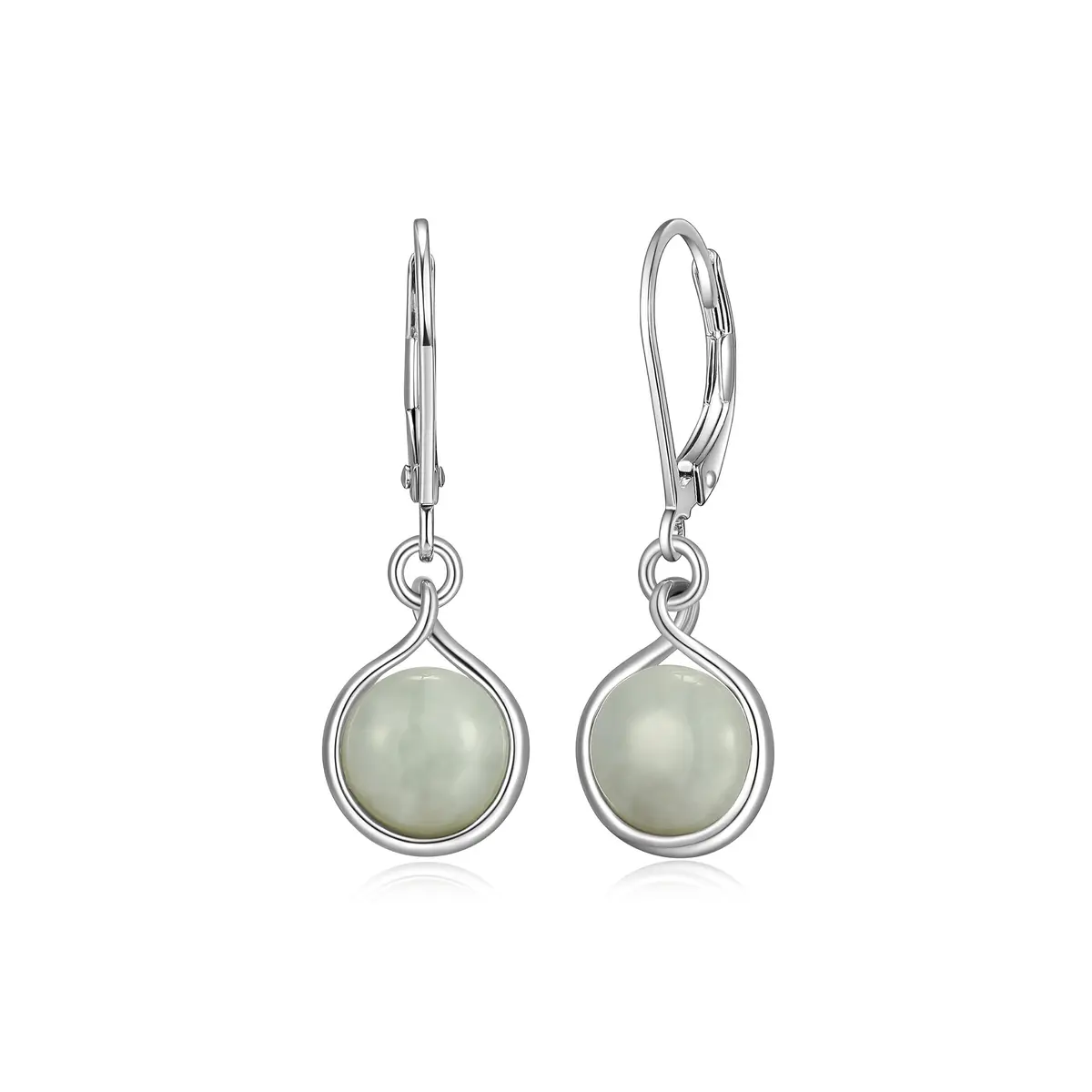 Morgan & Paige Silver Rhodium Plated Green Jade Bezel Set Leverback Earring | Elegant 1-1/8 inch Drop Jewelry for Women - main product image