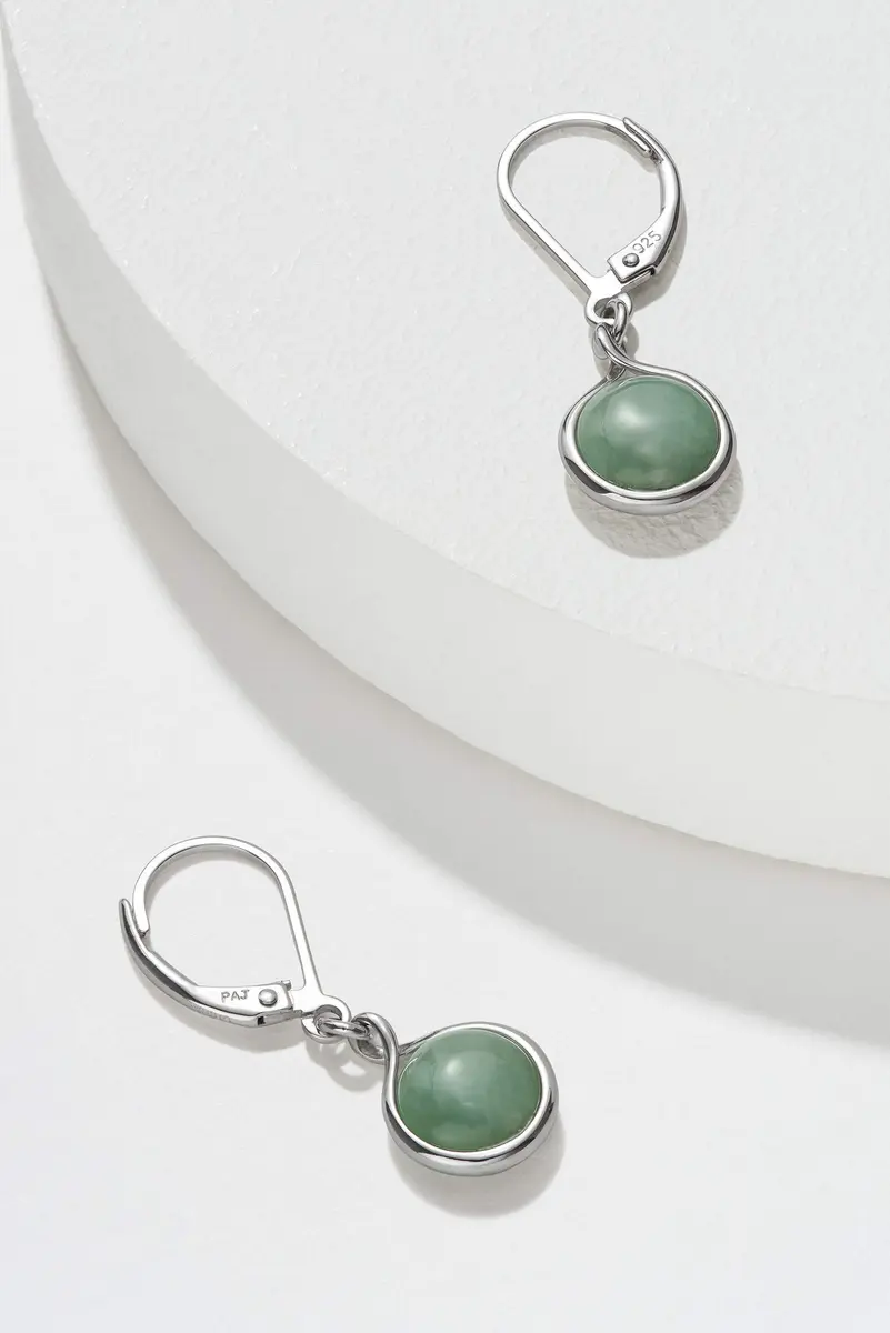 Morgan & Paige Silver Rhodium Plated Green Jade Bezel Set Leverback Earring | Elegant 1-1/8 inch Drop Jewelry for Women - view 5