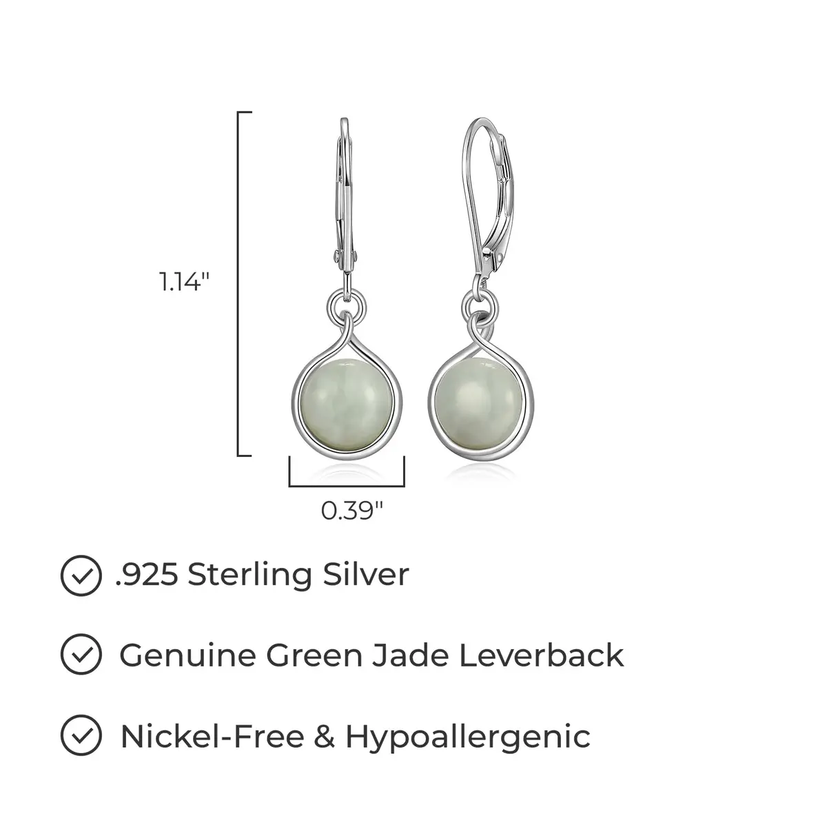 Morgan & Paige Silver Rhodium Plated Green Jade Bezel Set Leverback Earring | Elegant 1-1/8 inch Drop Jewelry for Women - view 3