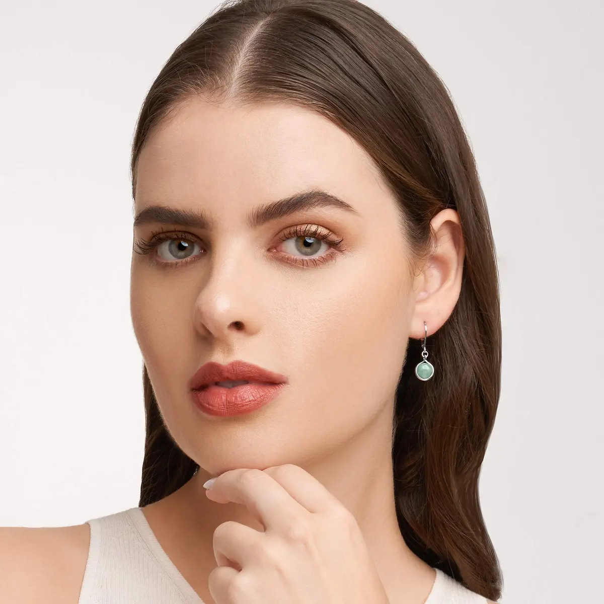 Morgan & Paige Silver Rhodium Plated Green Jade Bezel Set Leverback Earring | Elegant 1-1/8 inch Drop Jewelry for Women - view 4