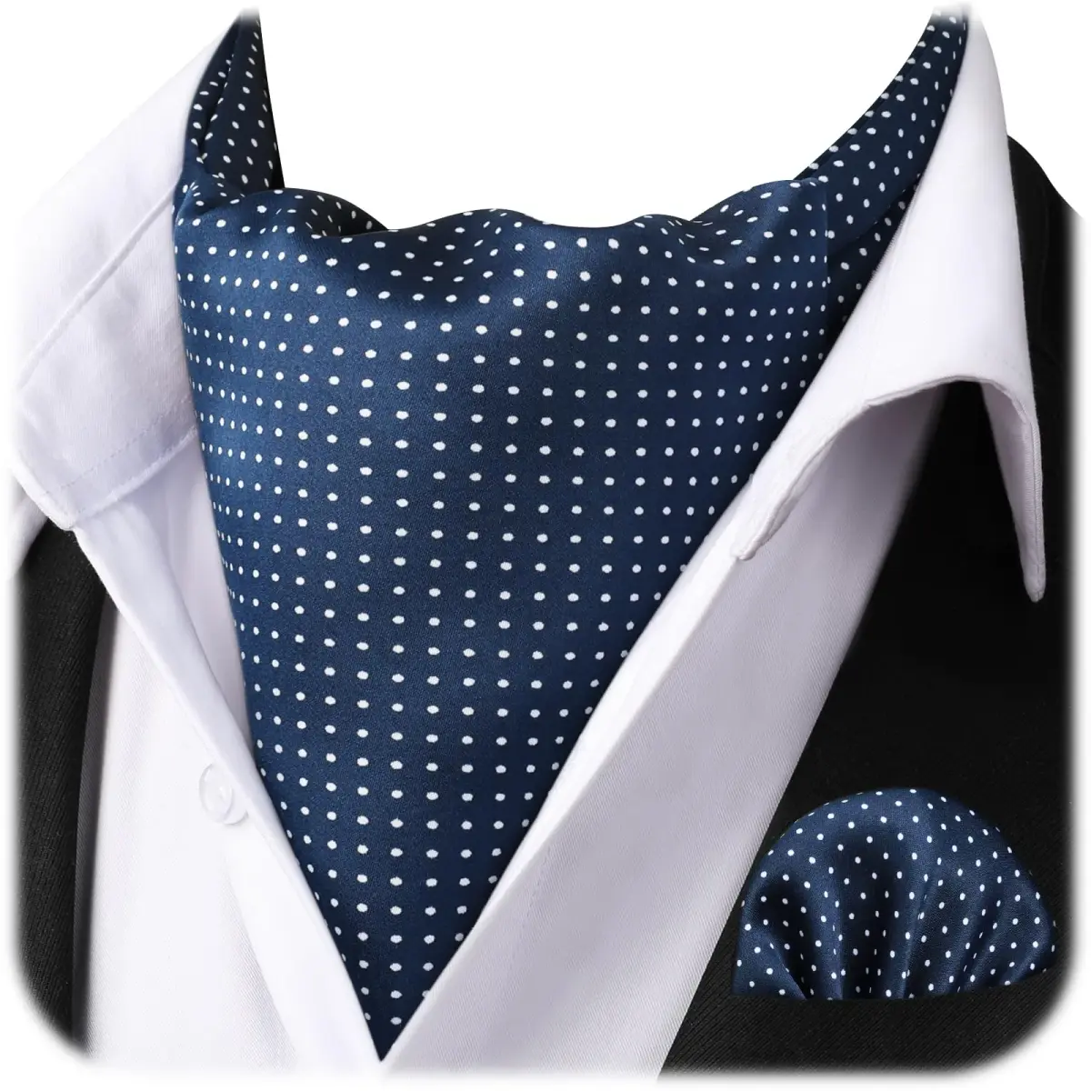 HISDERN Men's Blue Polka Dot Ascot Tie and Pocket Square Set | 126cm (49.6") Length - view 2