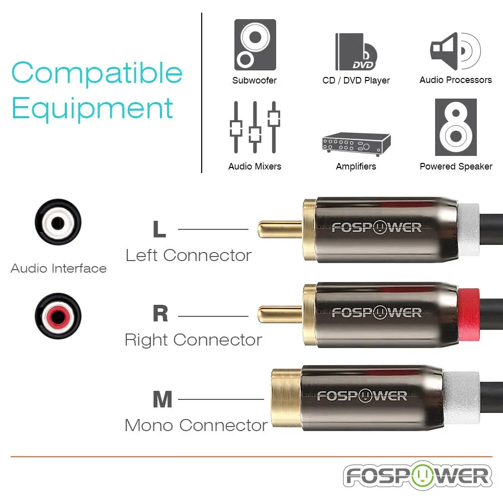 FosPower 8-inch RCA Y Adapter Cable 2 Male to 1 Female | 20.32 cm (8 inches) Gold-Plated Connectors - view 2