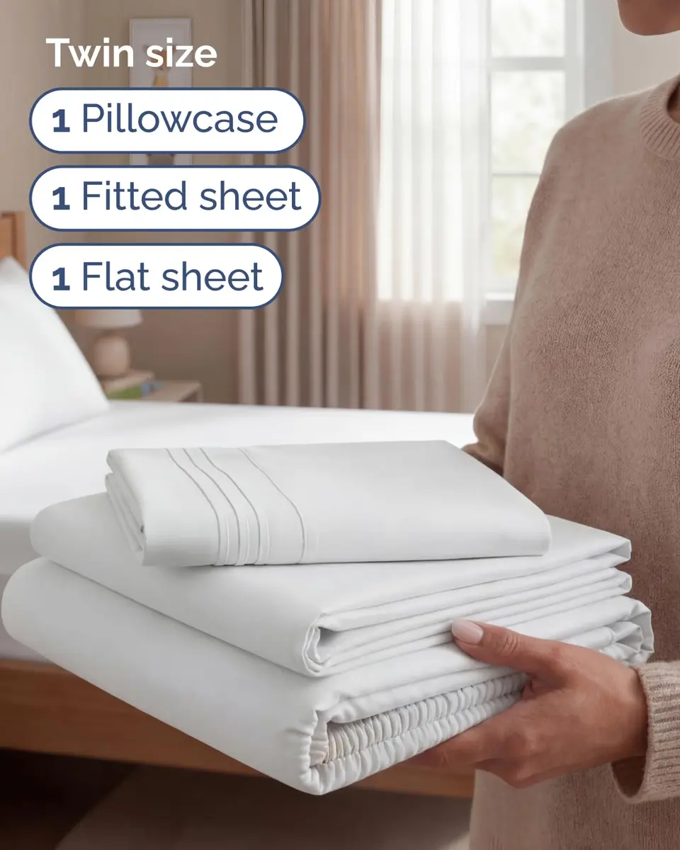 CGK Unlimited Twin Size 3 Piece Sheet Set | Ultra Soft Breathable Microfiber, Deep Pockets, White - view 3