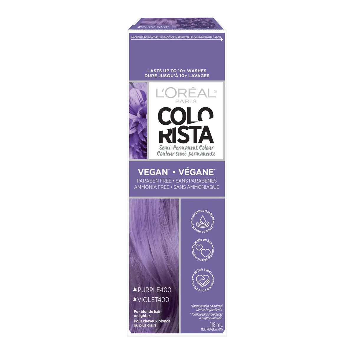 L'Oreal Paris Colorista Semi-Permanent Hair Color Purple 118ml (4 Fl Oz) | Temporary Hair Dye for Bleached & Blonde Hair - main product image