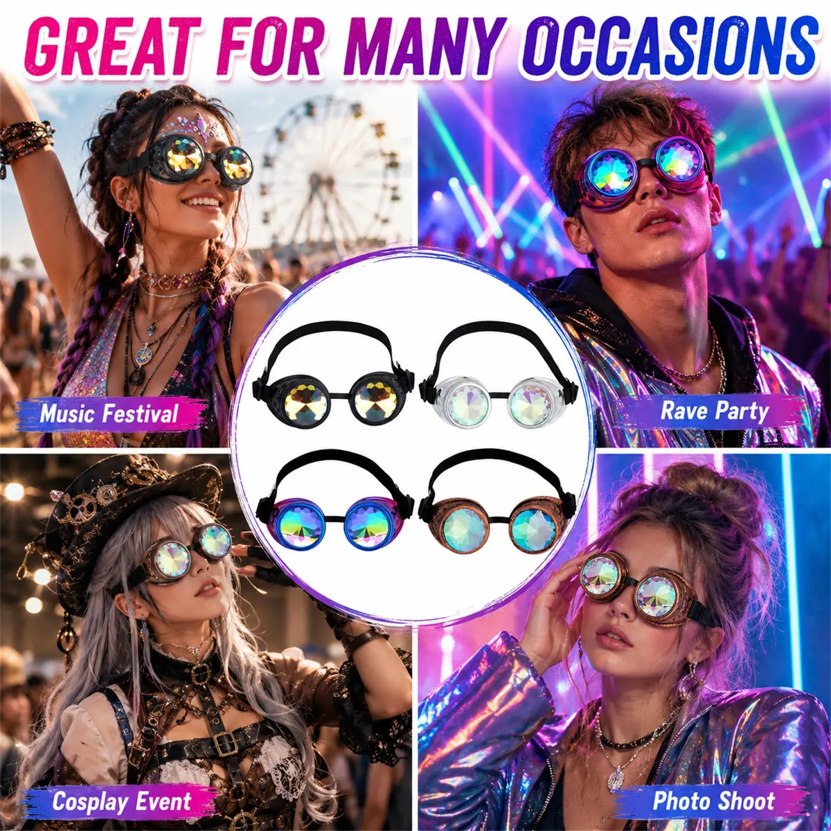 Lelinta Steampunk Rave Glasses Goggles with Rainbow Crystal Glass Lens, Red Copper, Adjustable (1 Unit) - view 2