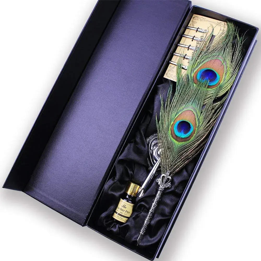 Featty Gifts Antique Natural Peacock Feather Pen Set | 10-Piece Set - main product image