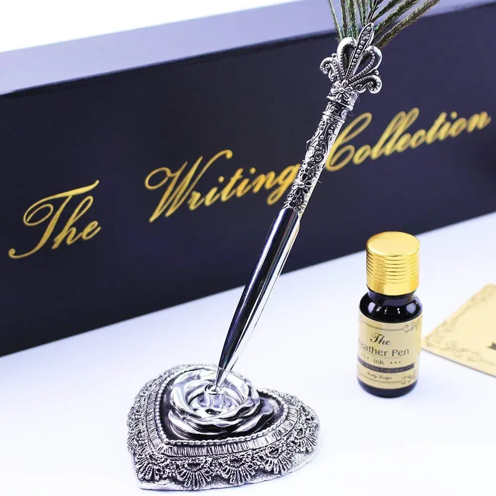 Featty Gifts Antique Natural Peacock Feather Pen Set | 10-Piece Set - view 2