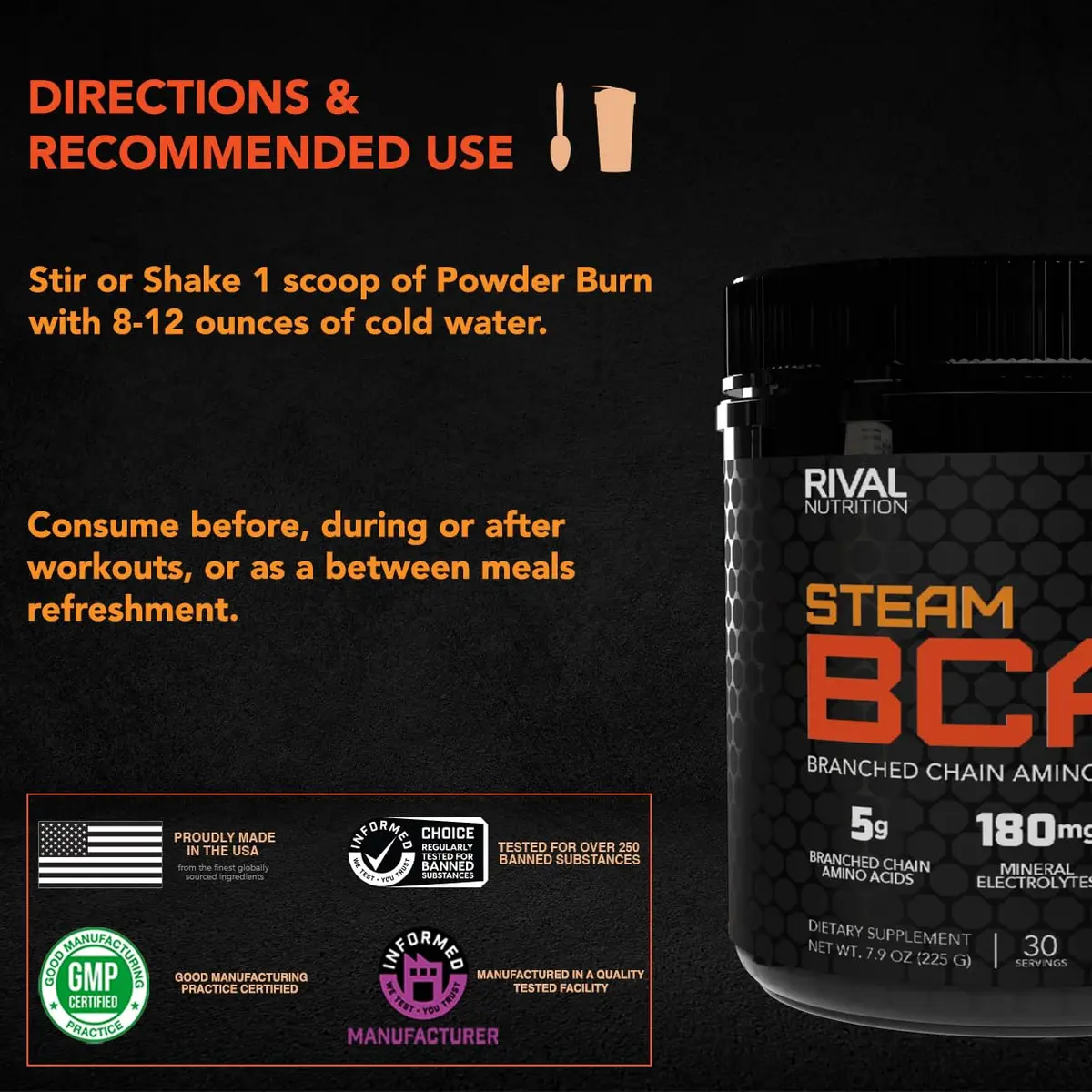 Rival Nutrition Steam BCAA Instanized Powder Juicy Orange | 30 Servings for Athletes & Bodybuilders - view 6
