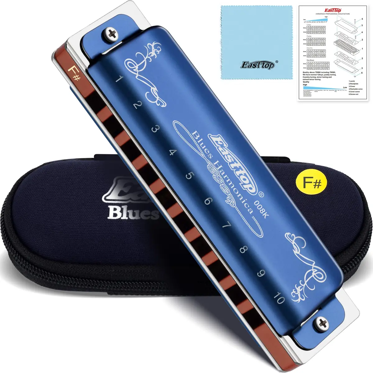 East top Diatonic Harmonica Key of F# 10 Holes | Rich Sound & Portable for Beginners & Pros - main product image