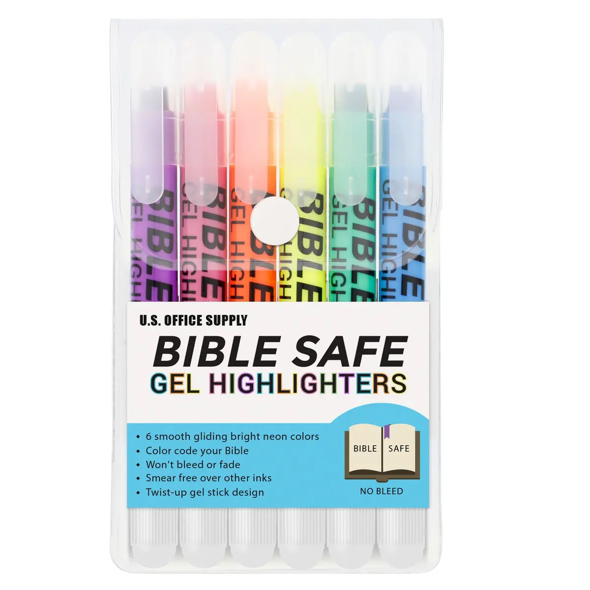 US Office Supply Bible Safe Highlighter Set of 6 Assorted Pastel Colors | No Bleed, Smooth Gel, Bible & Journal Friendly - main product image