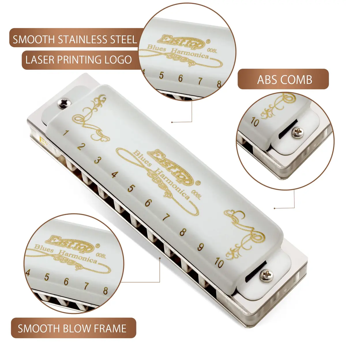 East top Diatonic Blues Harmonica Eb | Professional Brass & Acrylic, White - view 2