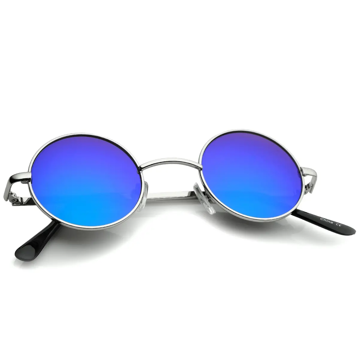 zeroUV Small Retro Classic Style Colored Mirror Lens Round Metal Sunglasses 41mm (Silver/Green-Blue Mirror) | UV400 Protection - view 5