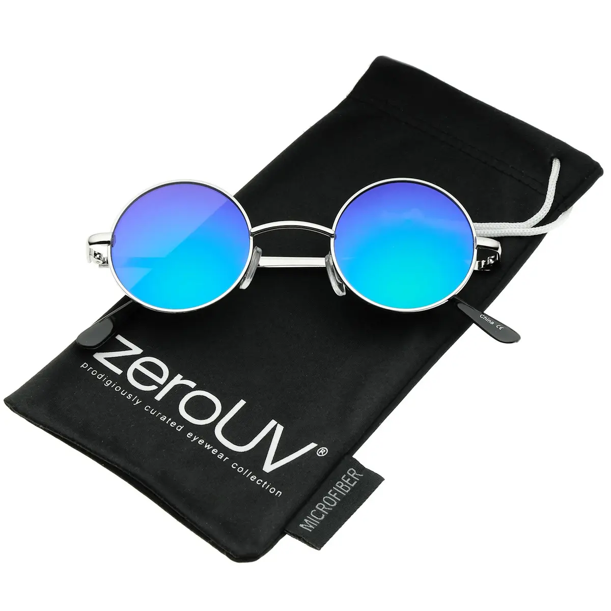 zeroUV Small Retro Classic Style Colored Mirror Lens Round Metal Sunglasses 41mm (Silver/Green-Blue Mirror) | UV400 Protection - view 2