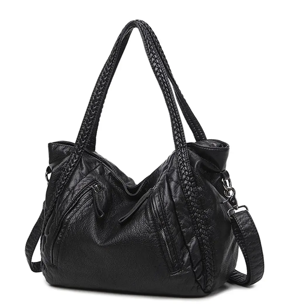 Mn&Sue Black Hobo Bag Large | Soft Faux Leather Slouchy Tote Purse with Detachable Strap - main product image