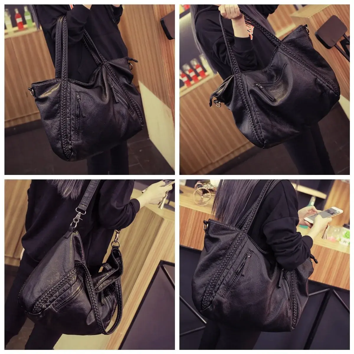 Mn&Sue Black Hobo Bag Large | Soft Faux Leather Slouchy Tote Purse with Detachable Strap - view 2