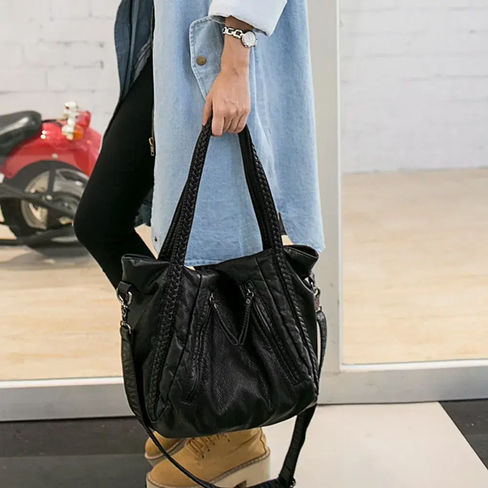 Mn&Sue Black Hobo Bag Large | Soft Faux Leather Slouchy Tote Purse with Detachable Strap - view 3