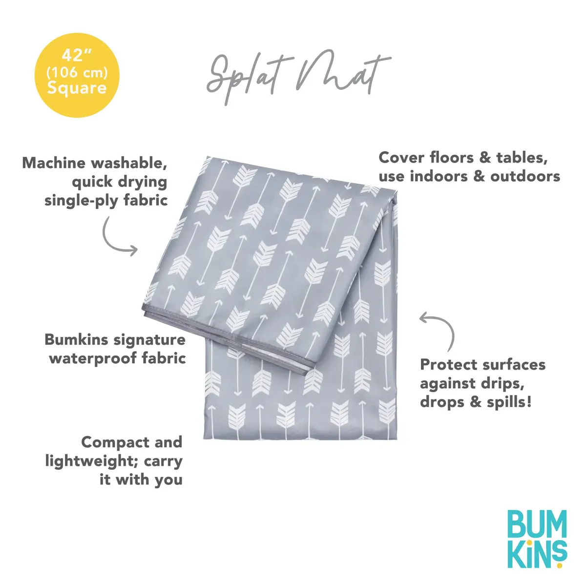 Bumkins Baby Splat Mat for Under High Chair | Waterproof Reusable Cloth, 42x42 Inch, Gray Arrows - view 5