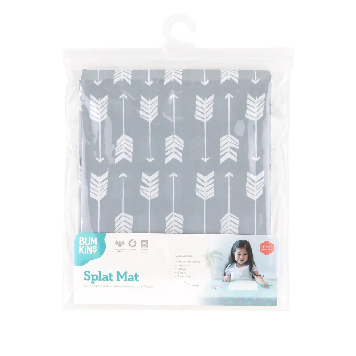 Bumkins Baby Splat Mat for Under High Chair | Waterproof Reusable Cloth, 42x42 Inch, Gray Arrows - view 6