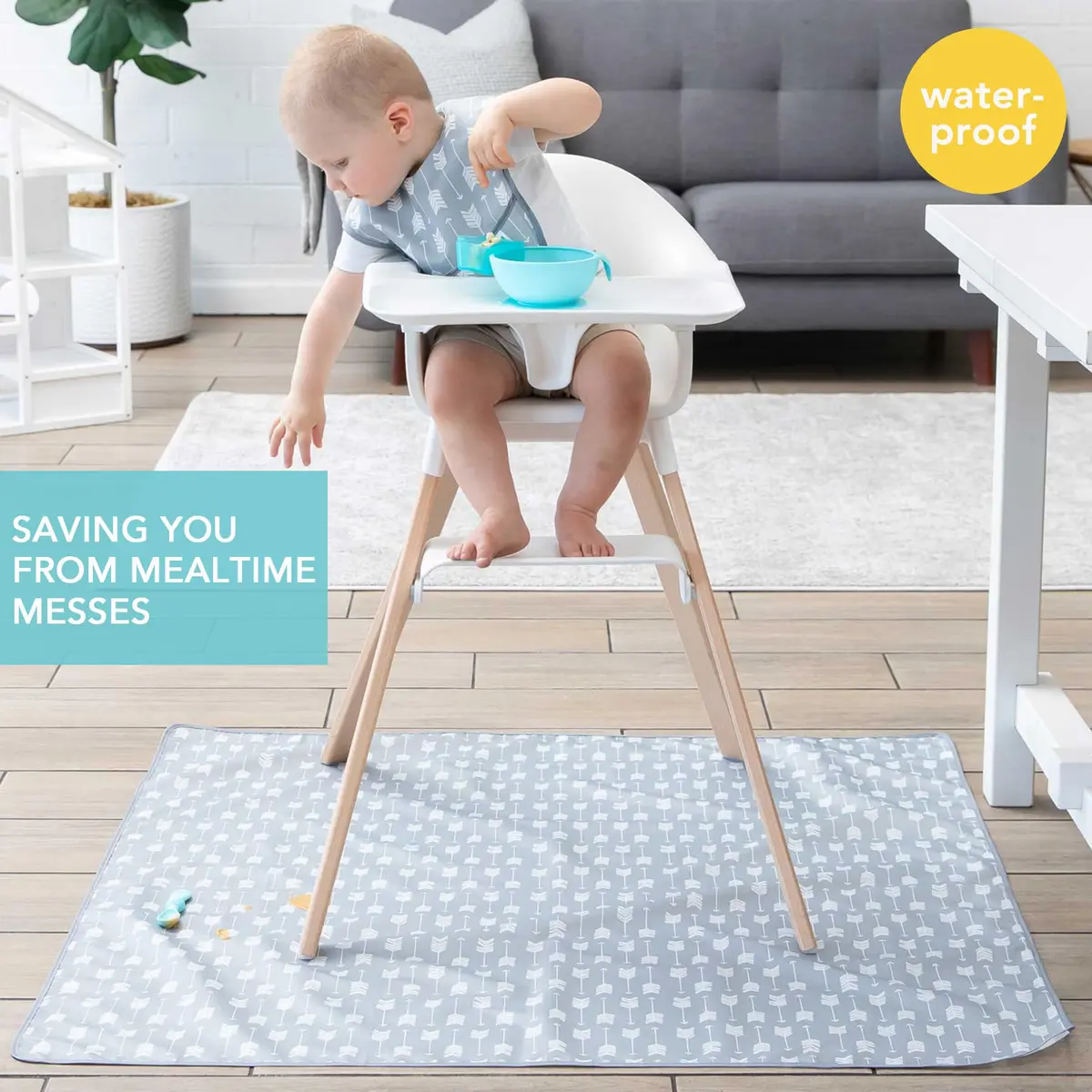 Bumkins Baby Splat Mat for Under High Chair | Waterproof Reusable Cloth, 42x42 Inch, Gray Arrows - view 2