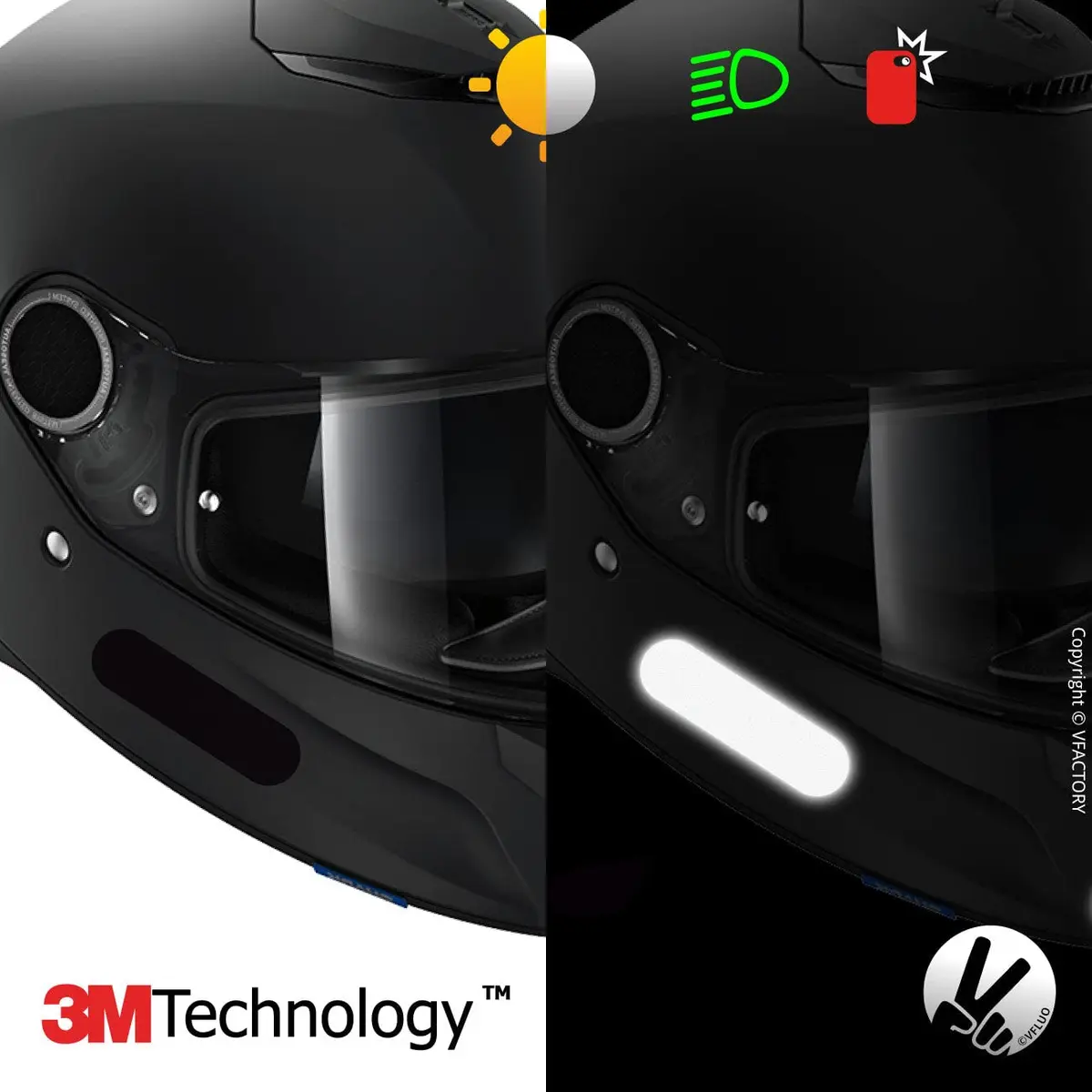 VFLUO Retro Reflective Stripes Stickers for Helmet - Black Standard Kit - 8 Stickers (4 Pairs) - view 5