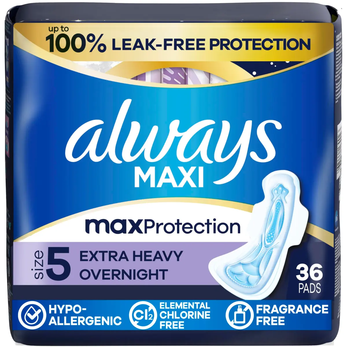 Always Maxi Overnight Pads with Wings Size 5 Extra Heavy 36 Count | 11 Hours Protection - main product image