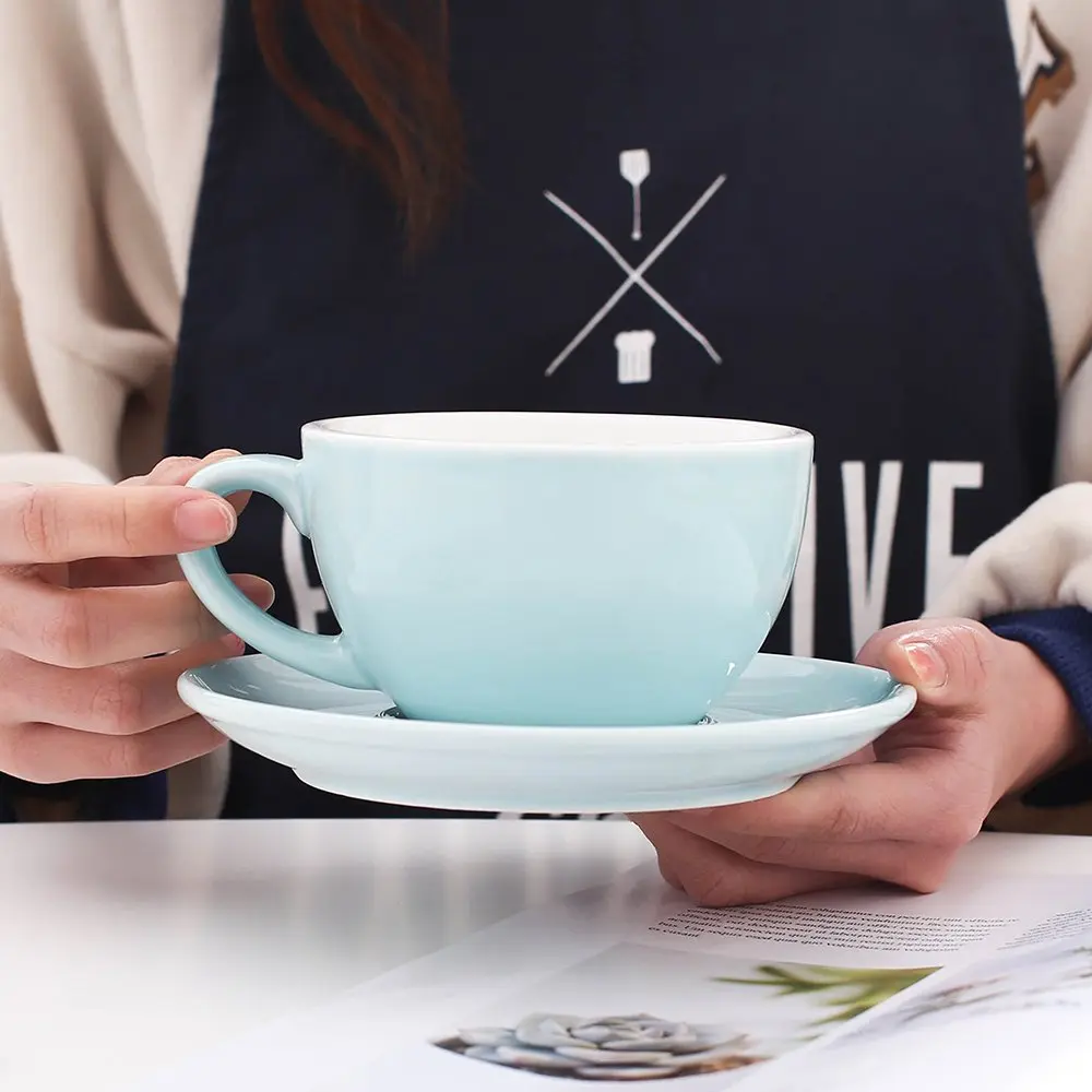 Coffeezone Latte Art Cup and Saucer for Latte & Cappuccino, Ceramic (Glossy Light Blue, 10.5 oz) | Perfect for Baristas & Coffee Shops - view 2