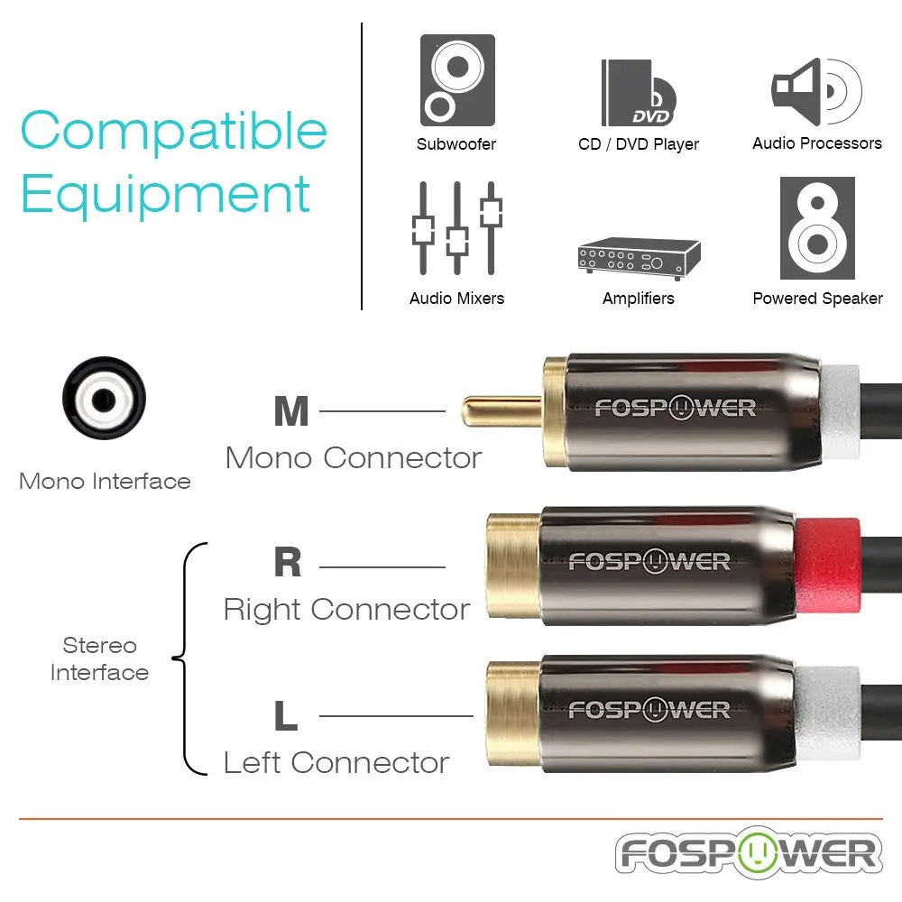FosPower 8-inch RCA Y Adapter Cable | 1 Male to 2 Female Stereo Audio Splitter Connectors - view 2