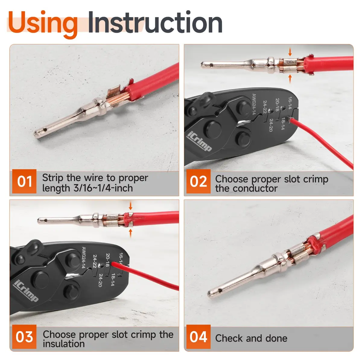 IWISS IWS-1424A Non Insulated Open Barrel Terminal Crimper AWG24-14 | Ergonomic Rubber Handle, 280g, Orange - view 5