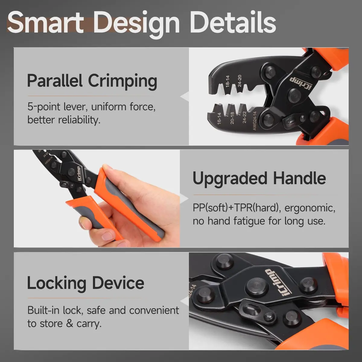 IWISS IWS-1424A Non Insulated Open Barrel Terminal Crimper AWG24-14 | Ergonomic Rubber Handle, 280g, Orange - view 6